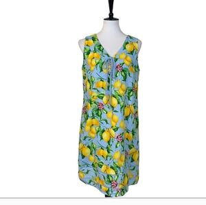 For Cynthia Blue Lemon Print Tie Neck Sleeveless Shift Linen Dress Size Medium